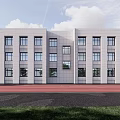 Modern Office Building With White Exterior Large Windows Front Entrance Steps And Green Plants