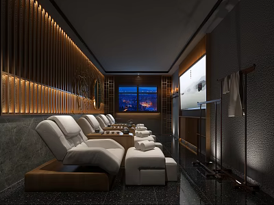 Modern SPA Sauna Room With White Recliners Wooden Walls Light Strips And Night View Windows 3d model