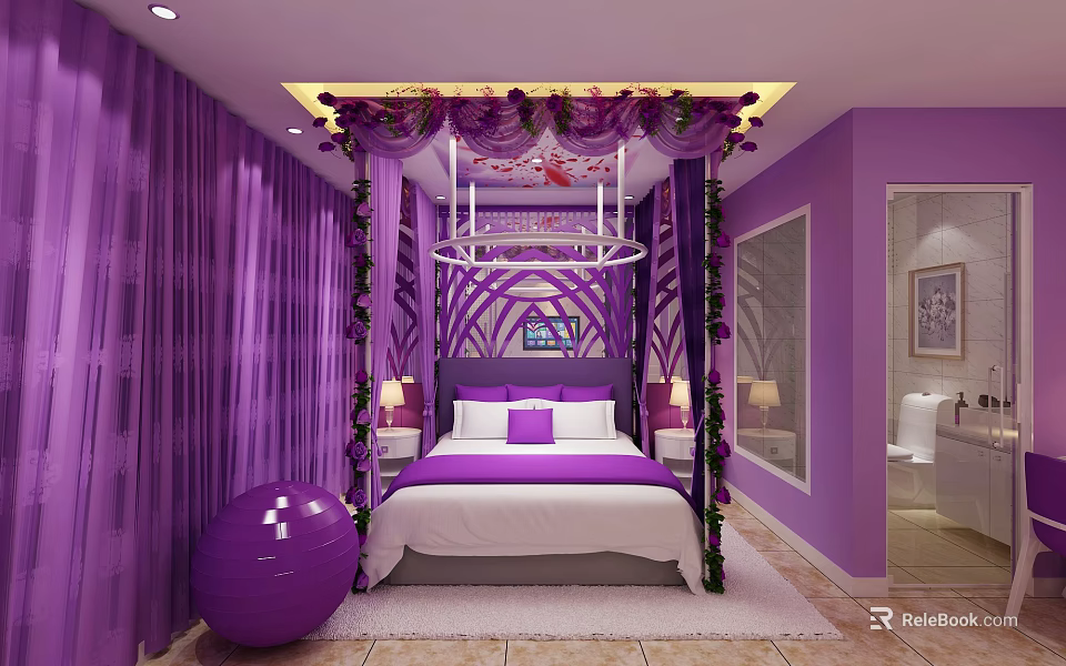 Purple Themed Hotel Guest Room With Four Poster Bed Floral Decor And Canopy 3d model 