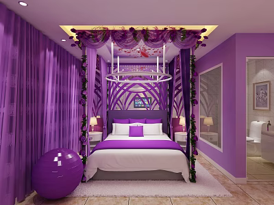 Purple Themed Hotel Guest Room With Four Poster Bed Floral Decor And Canopy 3d model