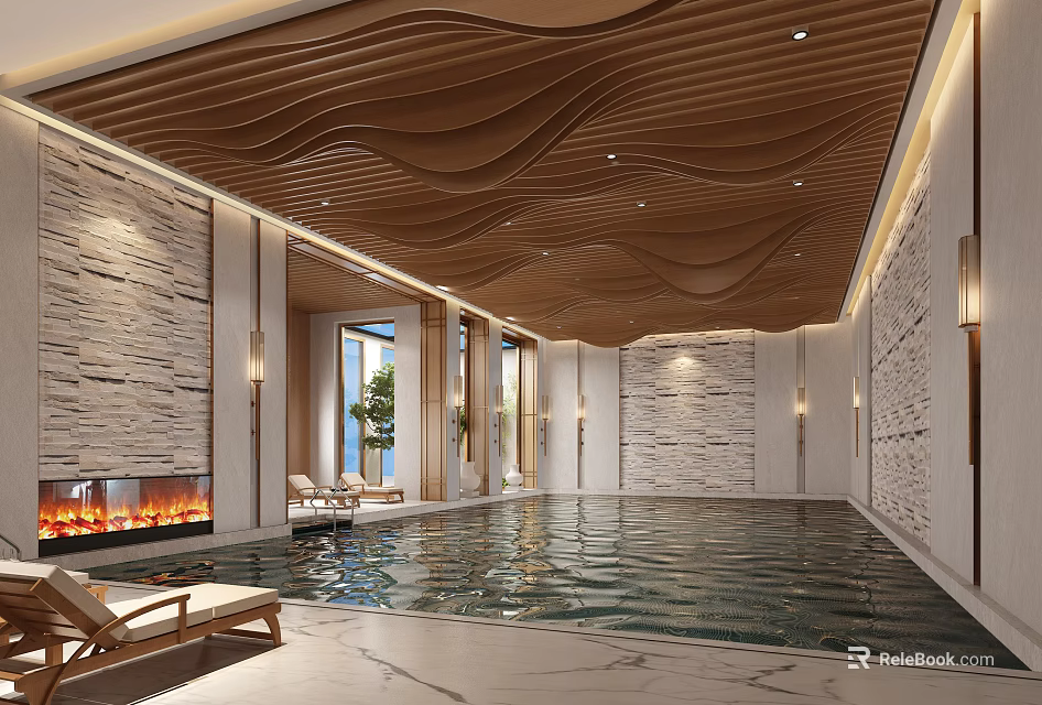 Luxury Indoor Swimming Pool With Wooden Wavy Ceiling Stone Walls Fireplace And Lounge Chairs 3d model 