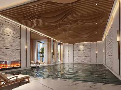 Luxury Indoor Swimming Pool With Wooden Wavy Ceiling Stone Walls Fireplace And Lounge Chairs 3d model