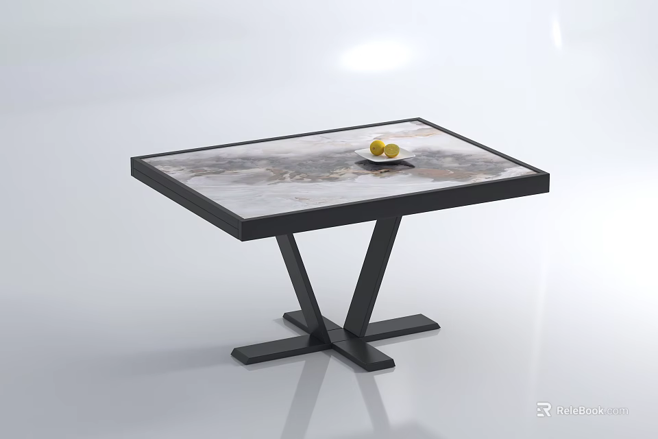 Modern Square Coffee Table With Marble Pattern Top And Black Metal Base Featuring Fruit Plate Decoration 3d model 