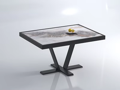Modern Square Coffee Table With Marble Pattern Top And Black Metal Base Featuring Fruit Plate Decoration 3d model