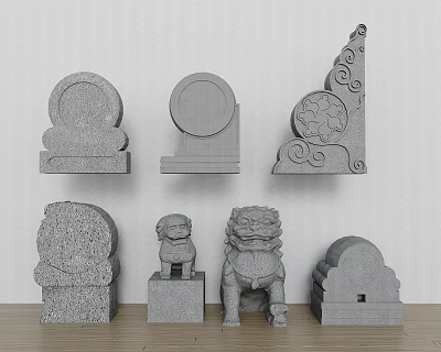 Traditional Stone Architectural Components With Carved Lion And Ornamental Details 3d model