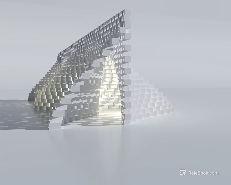 Futuristic Architectural Structure With White Cubes Irregular Geometric Layers And Reflective Floor 3d model 