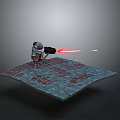 Robotic Game Movie Character Holding Gun Firing Red Laser On Platform With Red Patterns