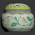 Sculpted Ceramic Jar With Colorful Duck Floral Leaf Patterns And Perforated Lid