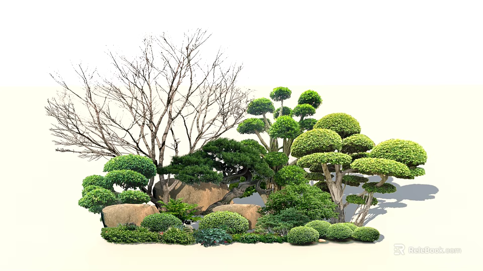 Artistic Trimmed Shrubs In Garden Landscape With Rocks And Bare Trees 3d model 