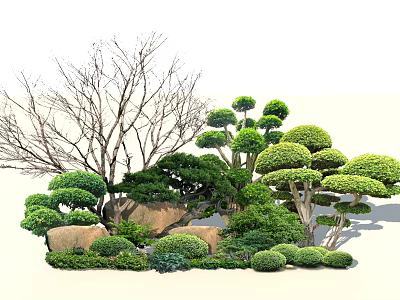Artistic Trimmed Shrubs In Garden Landscape With Rocks And Bare Trees 3d model