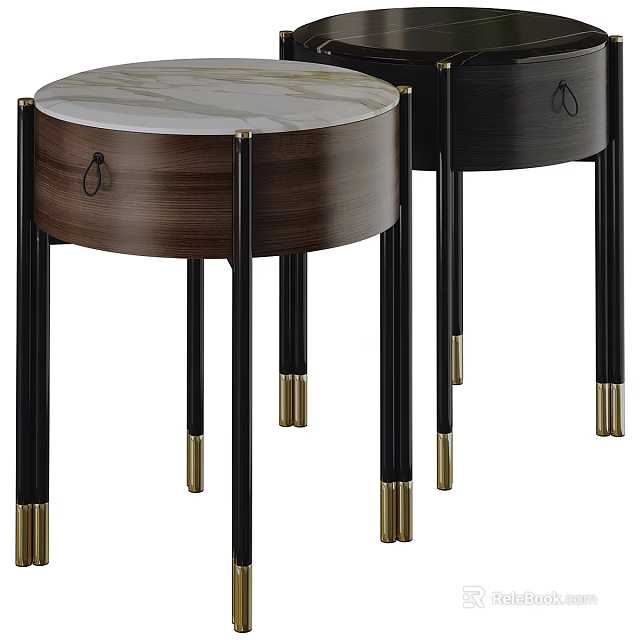 Modern Round Side Table With Marble Top Wooden Frame And Gold Accent Legs 3d model 
