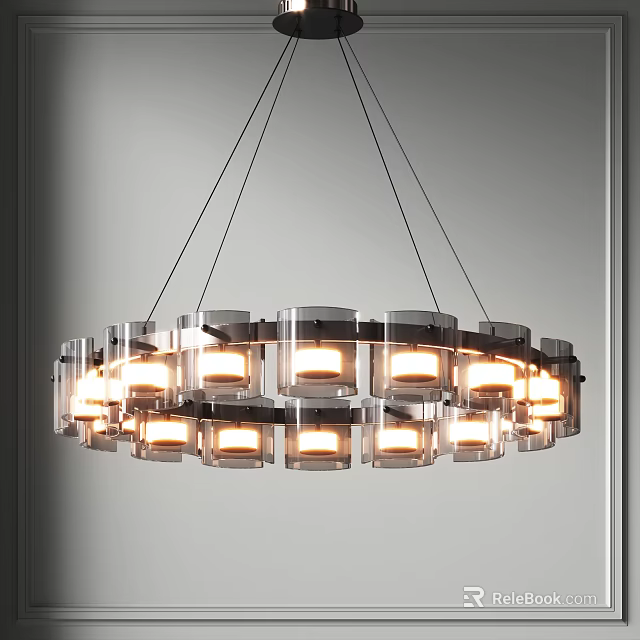 Modern Circular Chandelier With Metal Glass Panels And Warm Lighting For Interior Design 3d model 