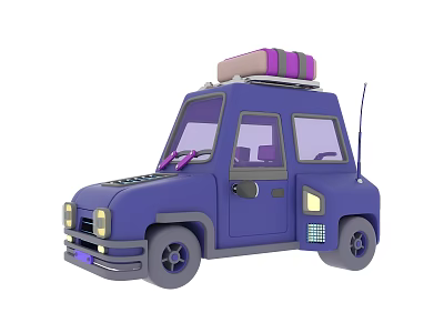 Purple Small Cartoon Style Car Exterior With Luggage on Roof Design 3d model