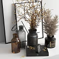Decorative Ornament Set Featuring Vases Golden Branches Feather Decor And Framed Backdrop 3d model