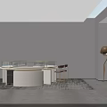 Modern Exhibition Hall Round White Display Cabinet Shelf With Glass Surface And Red Chair