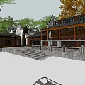 Traditional Chinese Commercial Street With Ancient Architecture Green Trees And Stone Paved Square