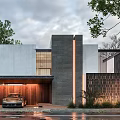 Modern Detached Villa with Concrete Facade Illuminated Garage and Parked Car Near Trees