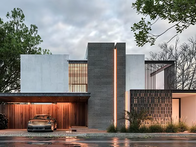 Modern Detached Villa with Concrete Facade Illuminated Garage and Parked Car Near Trees 3d model