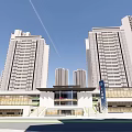 Modern Commercial Street With High Rise Buildings And Pedestrian Friendly Layout