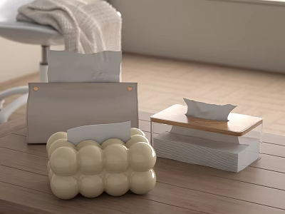 Modern Household Tissue Boxes Cream Spherical Gray Rectangular Transparent With Wooden Lid On Wooden Tabletop 3d model