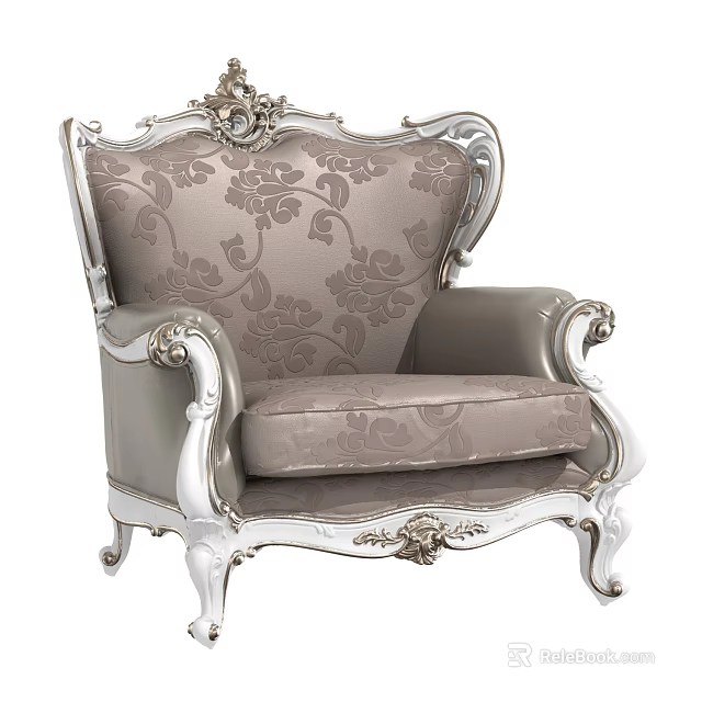Classic European Single Sofa With Silver Carved Frame And Floral Pattern Fabric 3d model