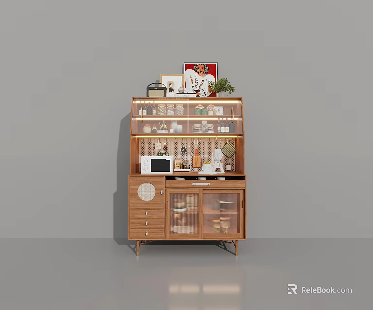 Modern Wooden Sideboard With Glass Doors Drawers Tableware Photo Frame And Decorative Plant 3d model 