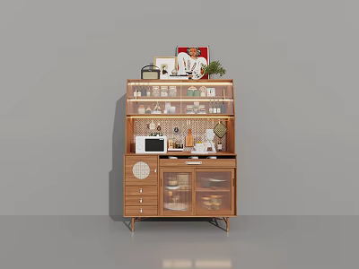 Modern Wooden Sideboard With Glass Doors Drawers Tableware Photo Frame And Decorative Plant 3d model
