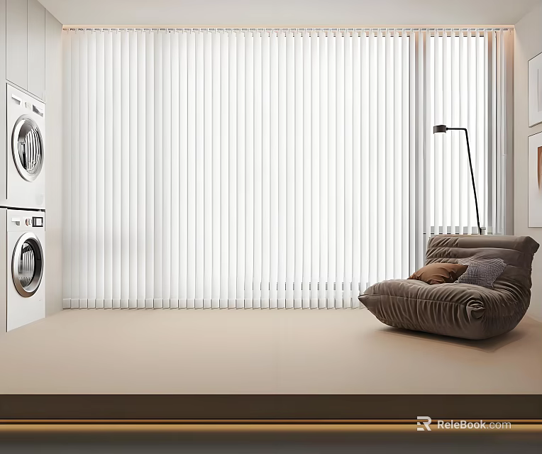 White Vertical Blinds In Modern Interior With Washing Machines Gray Sofa And Floor Lamp 3d model 