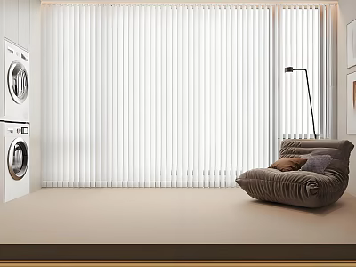 White Vertical Blinds In Modern Interior With Washing Machines Gray Sofa And Floor Lamp 3d model