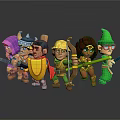 Group Of Colorful Cartoon Warrior Characters Holding Swords Bows And Staffs