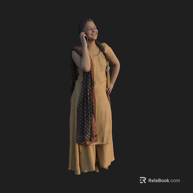 Smiling Woman Wearing Traditional Yellow Outfit With Patterned Scarf Holding Phone 3d model 