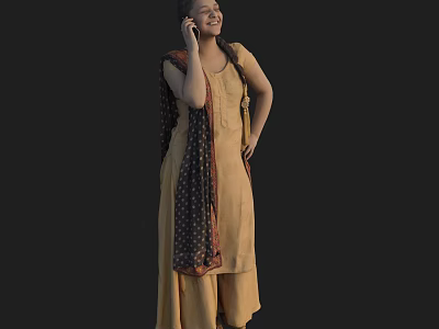 Smiling Woman Wearing Traditional Yellow Outfit With Patterned Scarf Holding Phone 3d model