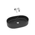 Black Marble Oval Washbasin With Silver Wall Mounted Faucet On Gray Countertop