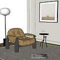 Brown Patterned Single Sofa With Black Armrests Legs And Side Table Floor Lamp