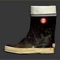 Brown Rain Boots With White Cuffs Beige Soles Red Logo And Distressed Details