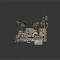 Miniature Village Scene With Traditional Houses Trees Waterfall And Small Pool