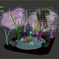 Cartoon Scene with Pink Purple Trees Dark Trunks Yellow Figure Blue Water and Black Stones