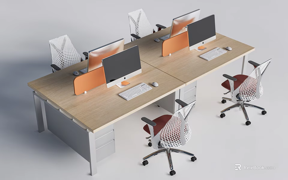Ergonomic Office Desk and Chair Set with Computer Monitors Mesh Seats Orange Dividers for Modern Workspace 3d model 