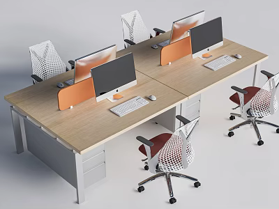 Ergonomic Office Desk and Chair Set with Computer Monitors Mesh Seats Orange Dividers for Modern Workspace 3d model