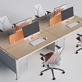 Ergonomic Office Desk and Chair Set with Computer Monitors Mesh Seats Orange Dividers for Modern Workspace