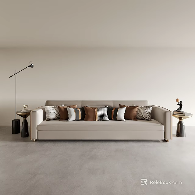 Modern Beige Three Seater Sofa With Patterned Cushions Side Table And Floor Lamp 3d model 