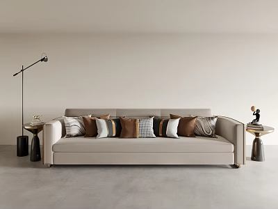 Modern Beige Three Seater Sofa With Patterned Cushions Side Table And Floor Lamp 3d model