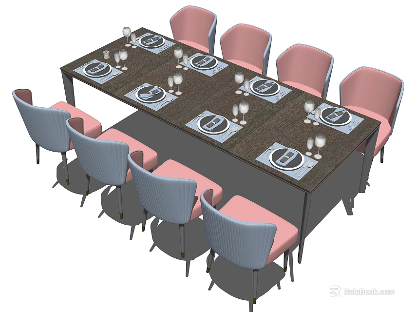 Dining Table Set With Pink And Light Blue Chairs And Tableware On Dark Tabletop 3d model