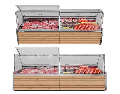 Commercial Display Refrigerator with Glass Door for Meat and Fruits in Wooden Base 3d model