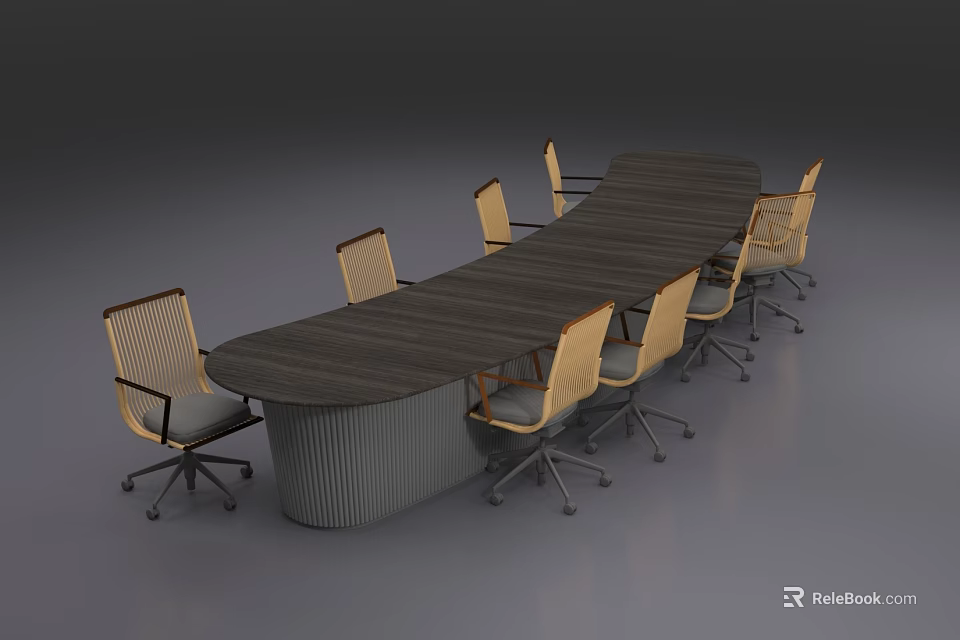 Modern Oval Shaped Conference Table With Dark Wooden Top And Ergonomic Chairs 3d model 