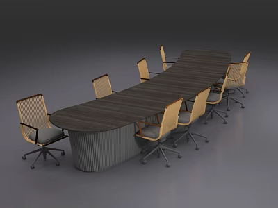Modern Oval Shaped Conference Table With Dark Wooden Top And Ergonomic Chairs 3d model
