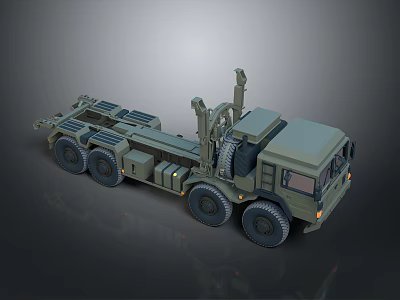 Olive Green Military Truck With Heavy Duty Wheels And Crane Arm Structure 3d model