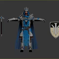 Blue Armored Warrior With Crown Cloak Hammer And Shield Design 3d model