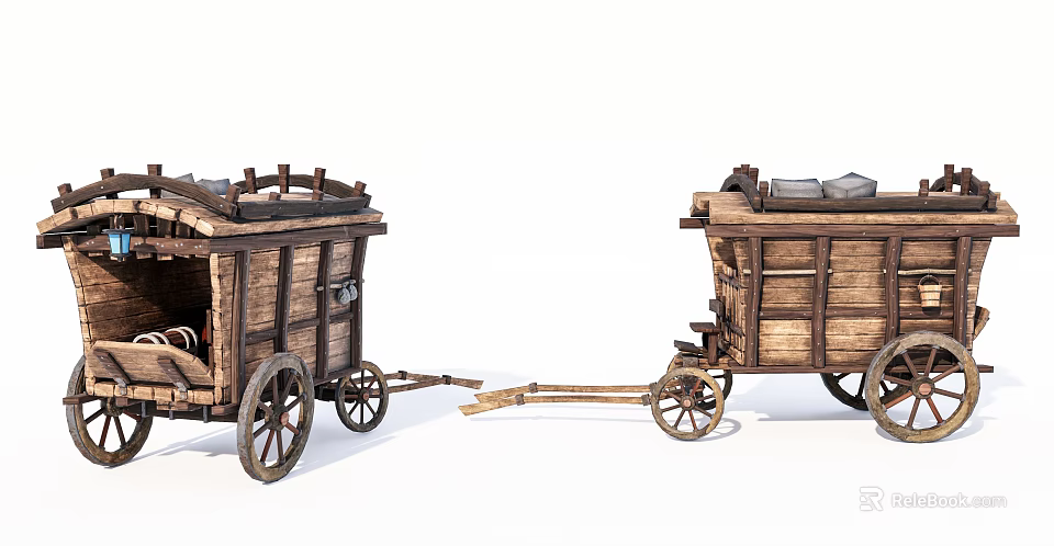Two Old Wooden Carts With Wheels And Roof Cover For Transportation 3d model 