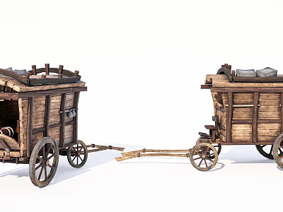 Two Old Wooden Carts With Wheels And Roof Cover For Transportation 3d model